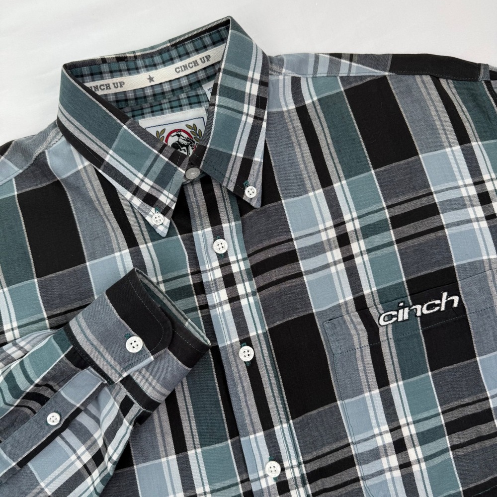 Cinch Mens Teal Black Plaid Long Sleeve Western Button Down Shirt Medium